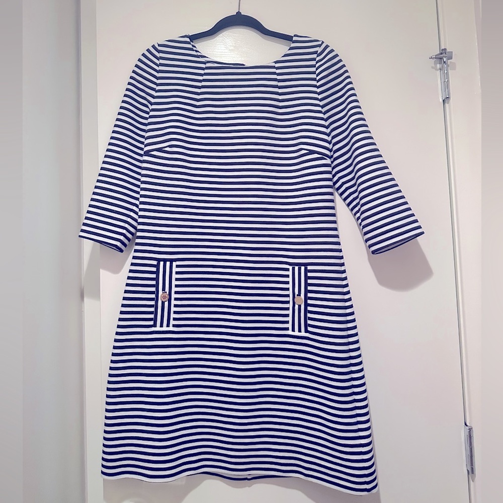 Lilly Pulitzer Charlene Size L in True Navy Ottoman Stripe Dress Quarter Sleeves
